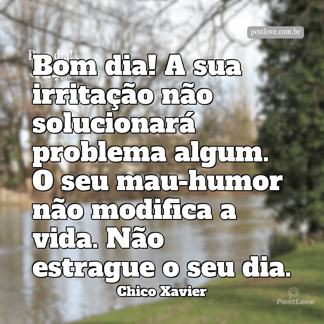 Bom dia! A sua irritação não solucionará problema algum. O seu mau-humor não modifica a vida. Não estrague o seu dia.