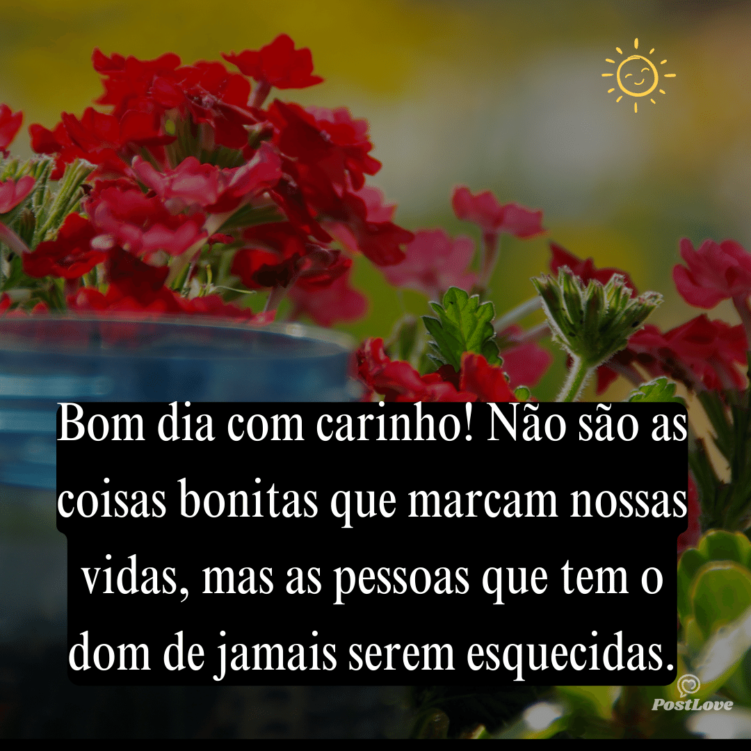 Bom dia com carinho! Não são as coisas bonitas que marcam nossas vidas, mas as pessoas que tem o dom de jamais serem esquecidas.