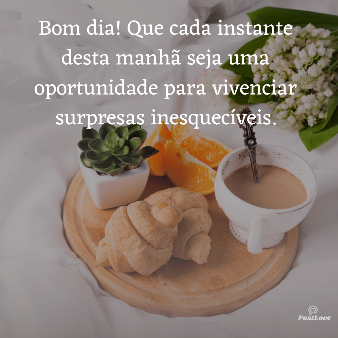Bom dia! Que cada instante desta manhã seja uma oportunidade para vivenciar surpresas inesquecíveis.