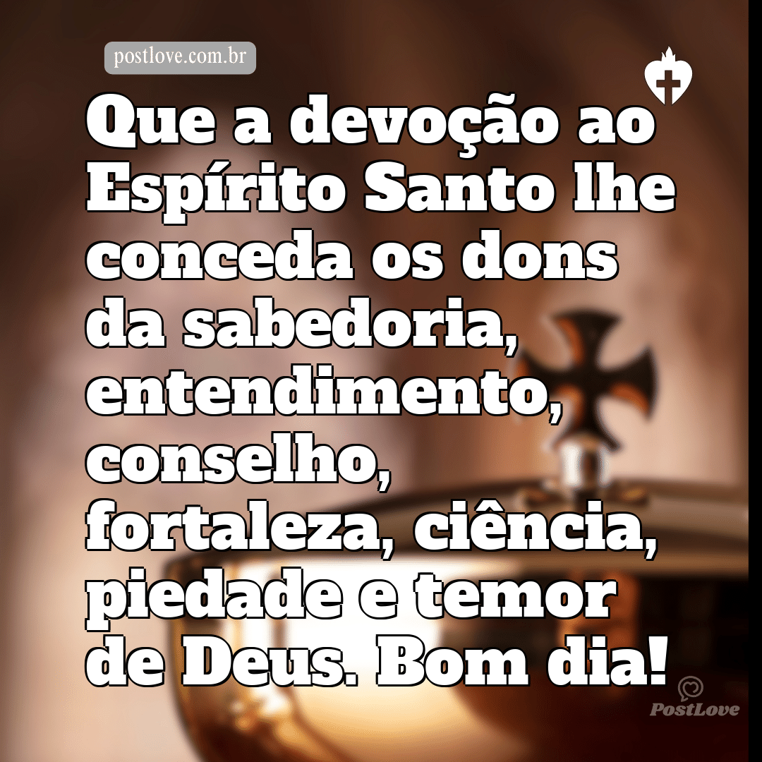 Que a devoção ao Espírito Santo lhe conceda os dons da sabedoria, entendimento, conselho, fortaleza, ciência, piedade e temor de Deus. Bom dia!