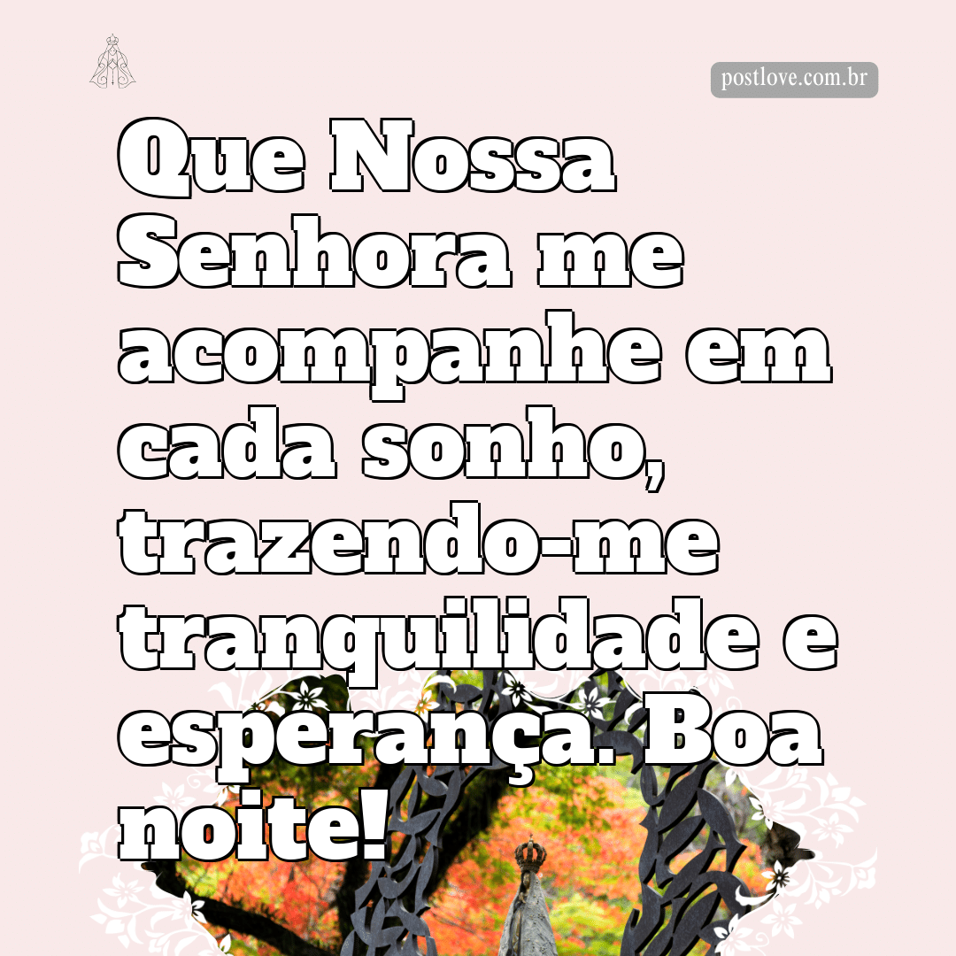 Que Nossa Senhora me acompanhe em cada sonho, trazendo-me tranquilidade e esperança. Boa noite!