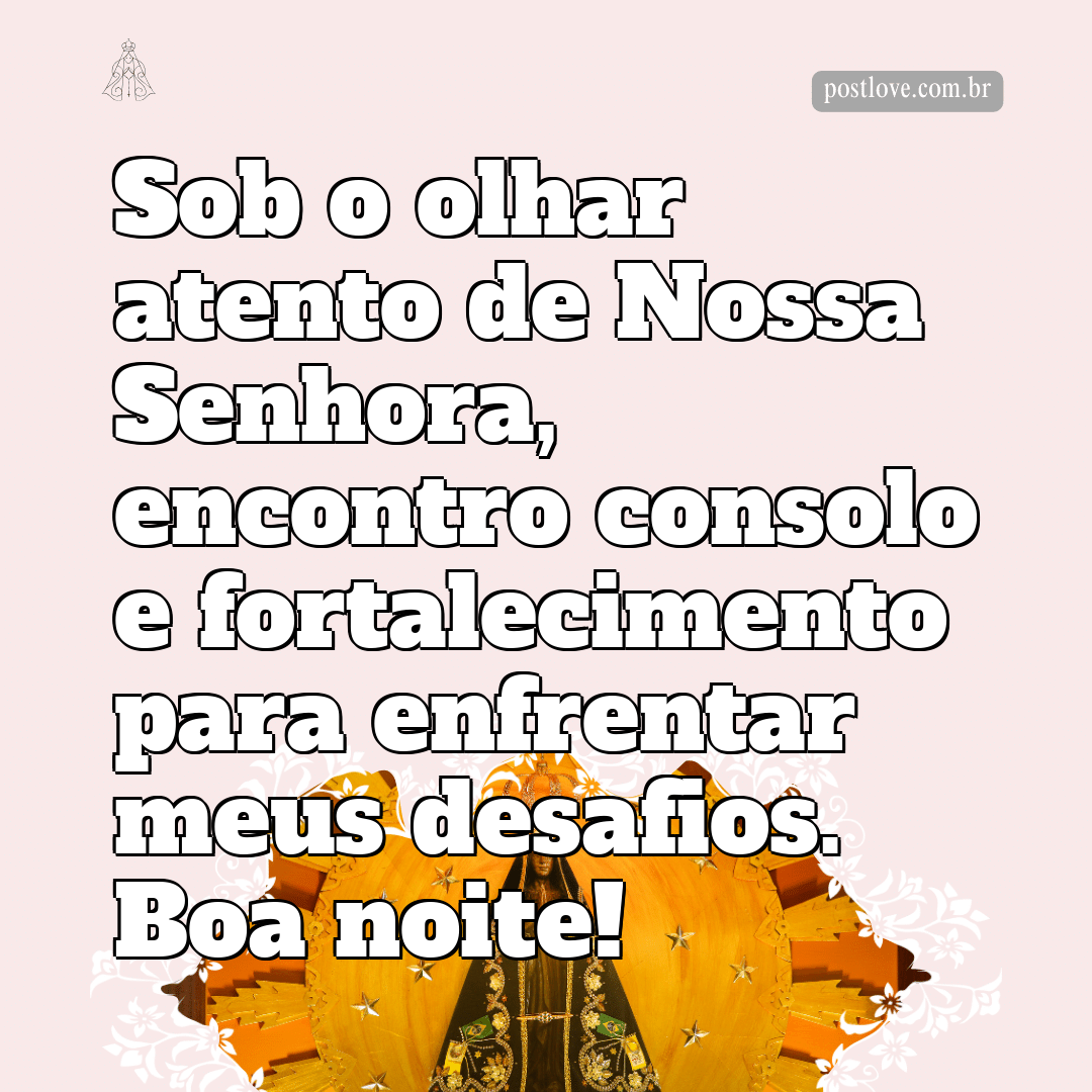 Sob o olhar atento de Nossa Senhora, encontro consolo e fortalecimento para enfrentar meus desafios. Boa noite!