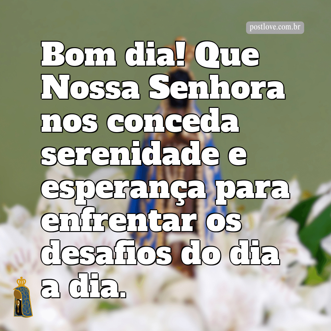 Bom dia! Que Nossa Senhora nos conceda serenidade e esperança para enfrentar os desafios do dia a dia.