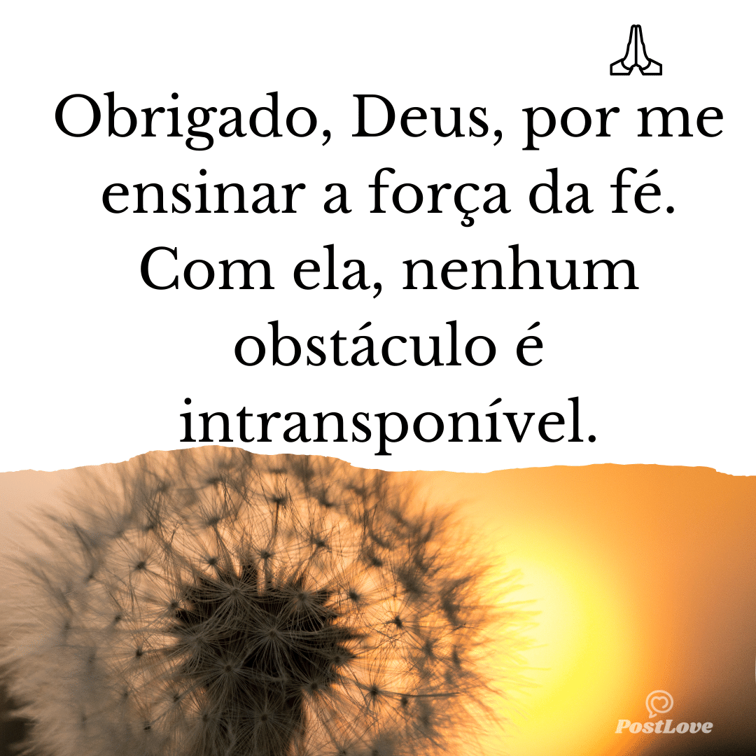Obrigado, Deus, por me ensinar a força da fé. Com ela, nenhum obstáculo é intransponível.